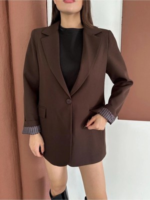Vesantia Kadın Acı Kahve Çizgili Astar Detaylı Blazer Ceket