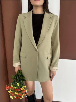 Vesantia Kadın Haki Çizgili Astar Detaylı Blazer Ceket