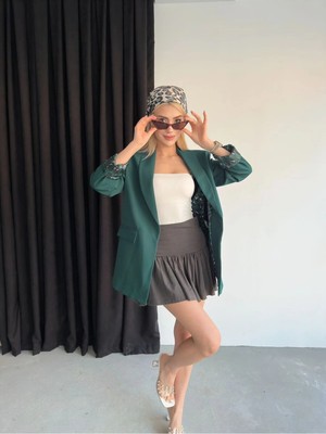 Vesantia Kadın Zümrüt Yeşili Leopar Astar Detaylı Blazer Ceket