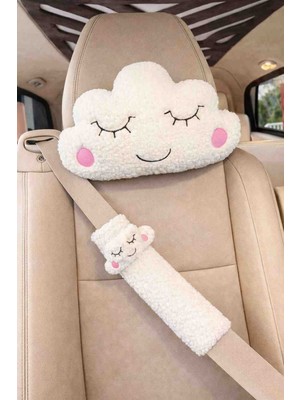 Masalia Sevimli Peluş Bulut Tasarımlı Araç Boyun Yastığı ve Emniyet Kemeri Seti (1 Yastık ve 1 Kemer )