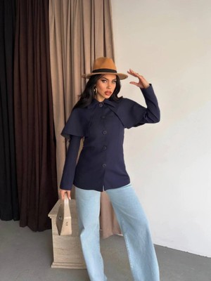 Vesantia Kadın Lacivert Pelerin Detaylı Astarlı Blazer Ceket