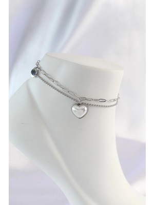 Sylar 316L Çelik Gümüş Renk Beyaz Kalpli 2li Halhal