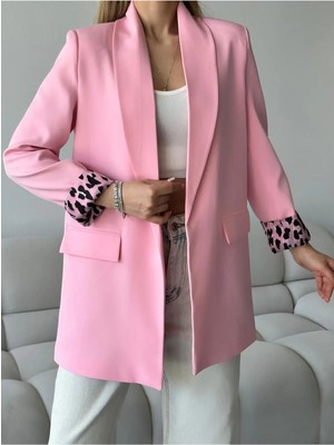 Vesantia Kadın Şeker Pembesi Leopar Astar Detaylı Blazer Ceket