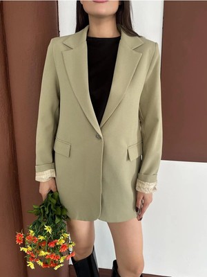 Vesantia Kadın Haki Çizgili Astar Detaylı Blazer Ceket