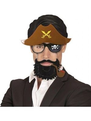 Sylar Kahve Renk Şapkalı Siyah Sakallı Pipolu Jack Sparrow Denizci Korsan Gözlüğü 24X25 cm