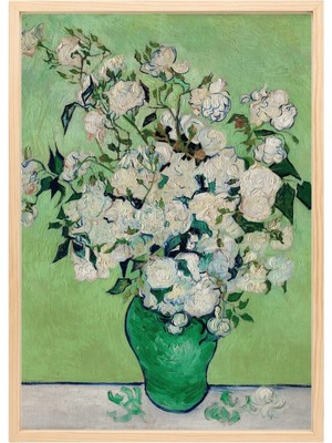 Van Gogh Yeşil Vazoda Güller Tablosu Kahverengi Çerçeveli Tablo