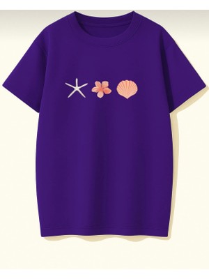 Punix Kids Özel Üretim Deniz Kabuğu Deniz Yıldızı Baskılı Kız Çocuk Marin T-Shirt