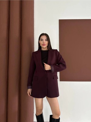 Vesantia Kadın Mürdüm Çizgili Astar Detaylı Blazer Ceket