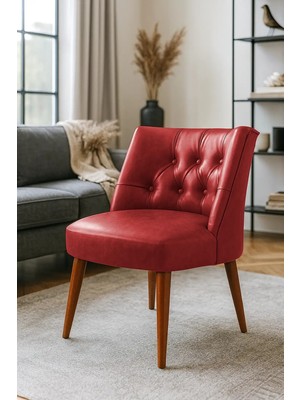 Waterybrook Berjer Sandalye - Kapitoneli Suni Deri - Ceviz Ahşap Ayaklı - Retro Modern Tasarım