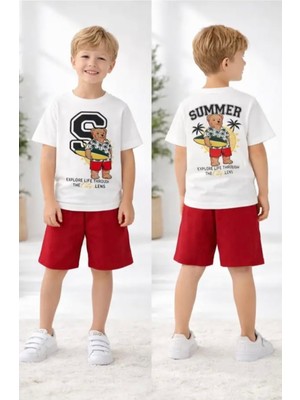 Punix Kids Özel Seri Summer Sörfçü Ayıcık Sırt Baskılı %100 Pamuk Erkek Çocuk T-Shirt Şort Takımı