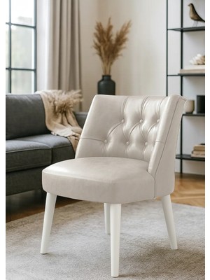 Waterybrook Berjer Sandalye - Kapitoneli Suni Deri - Beyaz Ahşap Ayaklı - Retro Modern Tasarım