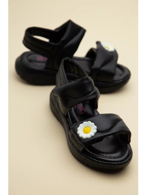 Dilimler Ayakkabı Şirinbebe Ortopedik Kız Çocuk Sandalet Siyah Faylon Taban Cırtlı Papatya Aksesuarlı