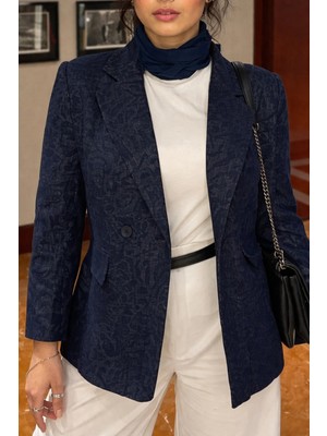Vesantia Kadın Lacivert Premium Desenli Likralı Blazer Ceket