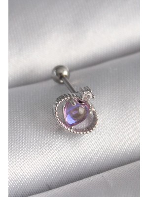 Sylar 316L Çelik Gümüş Renk Mor Mineli Kalp Zirkon Taş Detay Tragus Piercing