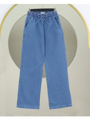 Moda Morfo Beli Lastikli Cepli Bol Paça Kot Pantolon -Mavi