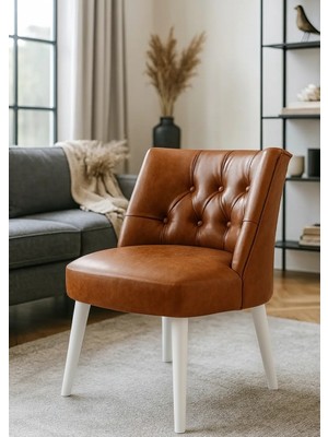 Waterybrook Berjer Sandalye - Kapitoneli Suni Deri - Beyaz Ahşap Ayaklı - Retro Modern Tasarım