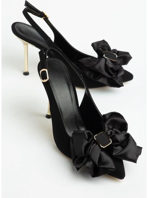 Dilimler Ayakkabı Kadın Ince Topuklu Ayakkabı Stiletto Siyah Saten Büyük Fiyonklu