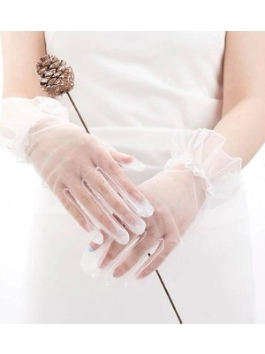 Sylar Kısa Boy Likralı Güpürlü Yetişkin Tül Eldiven Beyaz Renk