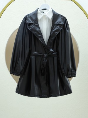 Modamorfo Çift Cepli Düğmeli Kolu Lastikli Deri Kap -Siyah