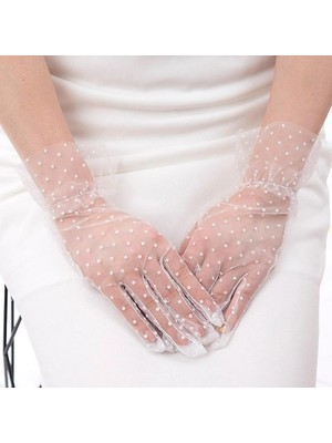 Sylar Kısa Boy Güpürlü Beyaz Puantiyeli Tül Eldiven Beyaz Renk