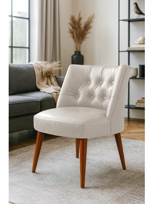 Waterybrook Berjer Sandalye - Kapitoneli Suni Deri - Ceviz Ahşap Ayaklı - Retro Modern Tasarım