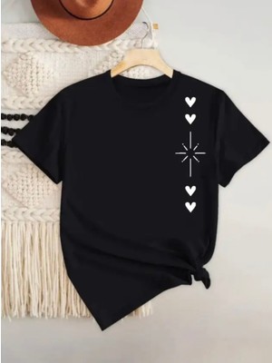 Kids Face Özel Tasarım Dört Kalp Baskılı %100 Pamuk Kız Çocuk Modern T-Shirt