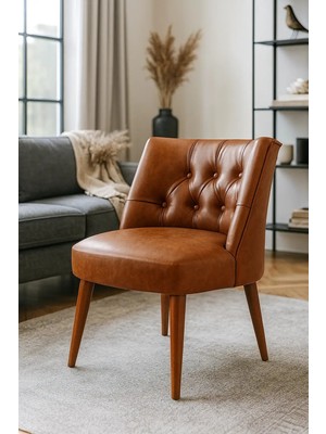 Waterybrook Berjer Sandalye - Kapitoneli Suni Deri - Ceviz Ahşap Ayaklı - Retro Modern Tasarım