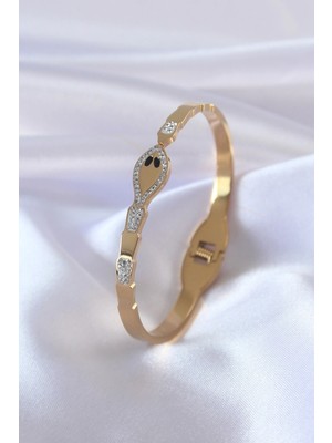 Sylar 316L Çelik Gold Renk Yılan Model Zirkon Taş Detay Kadın Kelepçe