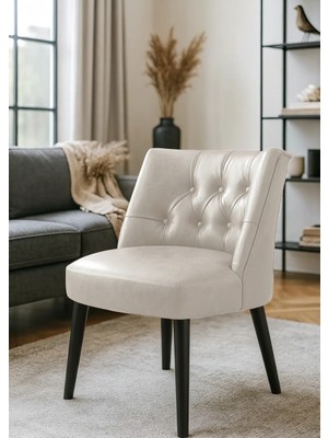 Waterybrook Berjer Sandalye - Kapitoneli Suni Deri - Siyah Ahşap Ayaklı - Retro Modern Tasarım