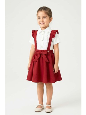 Zubi Baby & Kids Wear Kız Çocuk Fiyonklu Askılı Salopet Etek ve Gömlek Seti - Kırmızı (5-14 Yaş)
