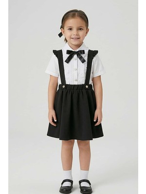 Zubi Baby & Kids Wear Kız Çocuk Fiyonklu Askılı Salopet Etek ve Gömlek Seti - Siyah (5-14 Yaş)