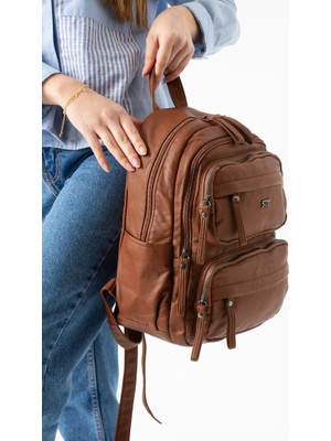 Baginn Vegan Deri Kadın Sırt Çantası Günlük Kullanıma Uygun Çok Cepli Yıkama Suni Deri 30*25 cm