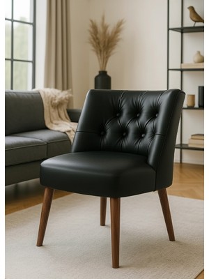 Waterybrook Berjer Sandalye - Kapitoneli Suni Deri - Ceviz Ahşap Ayaklı - Retro Modern Tasarım