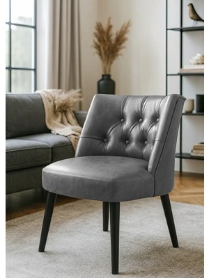 Waterybrook Berjer Sandalye - Kapitoneli Suni Deri - Siyah Ahşap Ayaklı - Retro Modern Tasarım