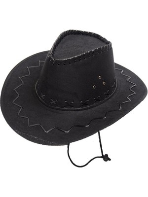 Sylar Bağcıklı Çocuk Boy Nubuk Süet Kovboy Şapkası Siyah Renk