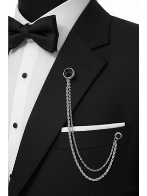 Godfroy Rodyum Renk  Taşlı Ceket & Damatlık & Blazer Zincirli Yaka Aksesuarı