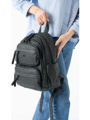 Baginn Vegan Deri Kadın Sırt Çantası Günlük Kullanıma Uygun Çok Cepli Yıkama Suni Deri 30*25 cm