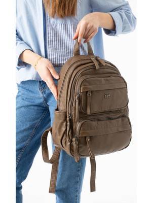 Baginn Vegan Deri Kadın Sırt Çantası Günlük Kullanıma Uygun Çok Cepli Yıkama Suni Deri 30*25 cm