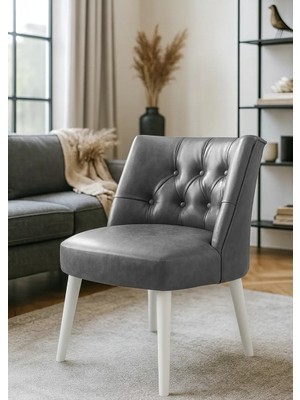Waterybrook Berjer Sandalye - Kapitoneli Suni Deri - Beyaz Ahşap Ayaklı - Retro Modern Tasarım