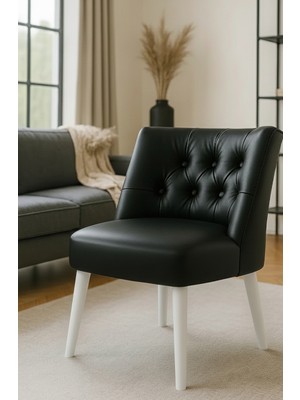 Waterybrook Berjer Sandalye - Kapitoneli Suni Deri - Beyaz Ahşap Ayaklı - Retro Modern Tasarım