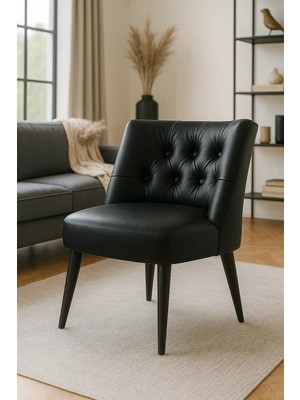 Waterybrook Berjer Sandalye - Kapitoneli Suni Deri - Siyah Ahşap Ayaklı - Retro Modern Tasarım