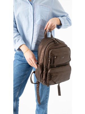 Baginn Vegan Deri Kadın Sırt Çantası Günlük Kullanıma Uygun Çok Cepli Yıkama Suni Deri 30*25 cm