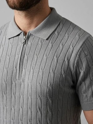 Civetta Erkek Yazlık Triko Saç Örgü Tişört Kısa Kol Polo Yaka Fermuarlı T-Shirt - Gri