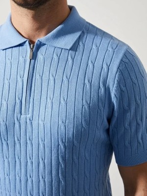 Civetta Erkek Yazlık Triko Saç Örgü Tişört Kısa Kol Polo Yaka Fermuarlı T-Shirt - Bebe Mavisi