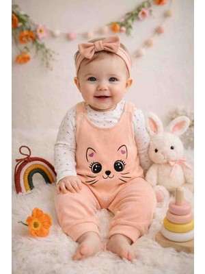 Aytini Kedi Baskılı Fitilli Mevsimlik Kız Bebek Salopet Takımı Tulum