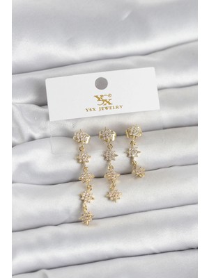 Sylar Pirinç Gold Renk Sıralı Kutup Yıldızı Model 3'lü Kadın Küpe