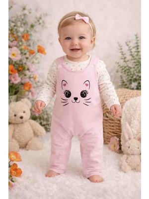 Aytini Kedi Baskılı Fitilli Mevsimlik Kız Bebek Salopet Takımı Tulum