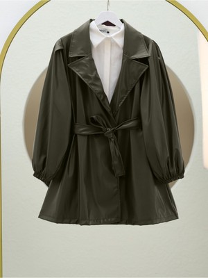 Modamorfo Çift Cepli Düğmeli Kolu Lastikli Deri Kap -Haki