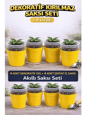 Hüskon Ticaret 4 Adet Dekoratif Dış + 4 Adet Şeffaf Iç Saksı Akıllı Saksı Seti 1,8 Litre