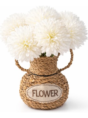 Aşkana El Yapımı Vintage Tasarım Doğal Hasır Vazo,17 Cm,dekoratif Flower Yazılı Bohem Rattan Saksı,çiçeklik